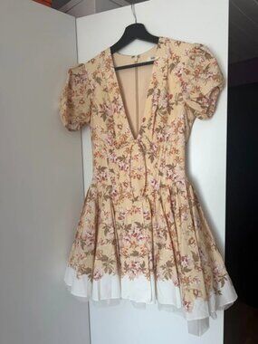 House of CB Floral Mini Dress Beige Pastel Print Puff Sleeves Size S